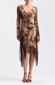 Avec Les Filles Asymmetrical Lace Trim Burnout Midi Dress