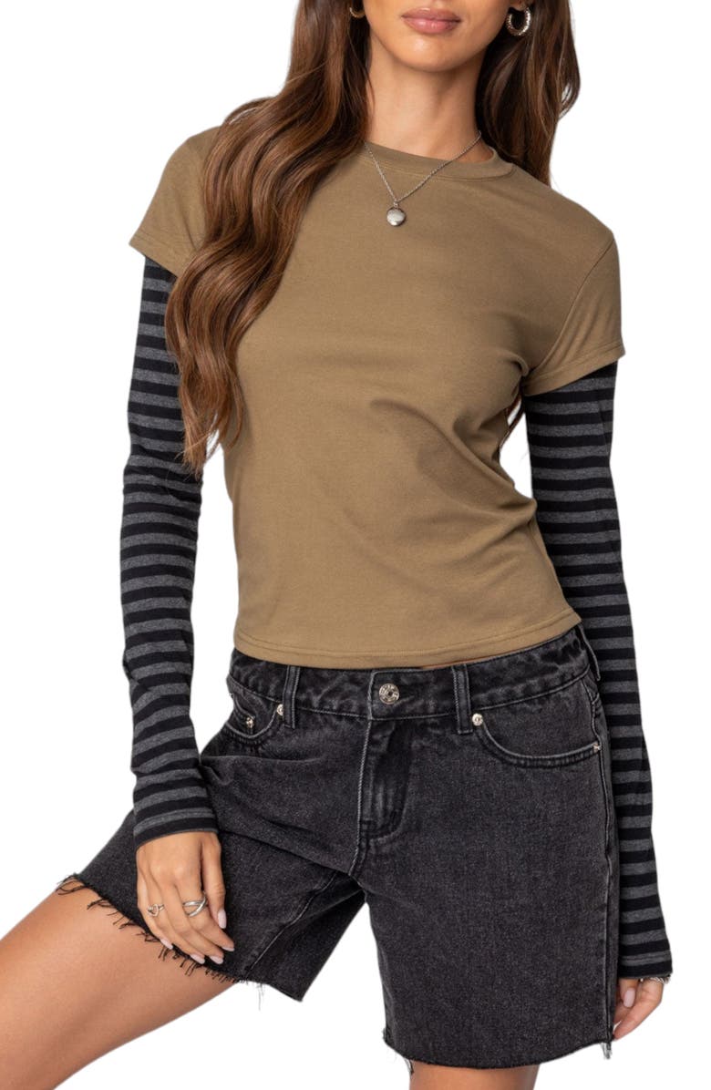 EDIKTED Eliana Layered Long Sleeve T-Shirt, Main, color, Olive