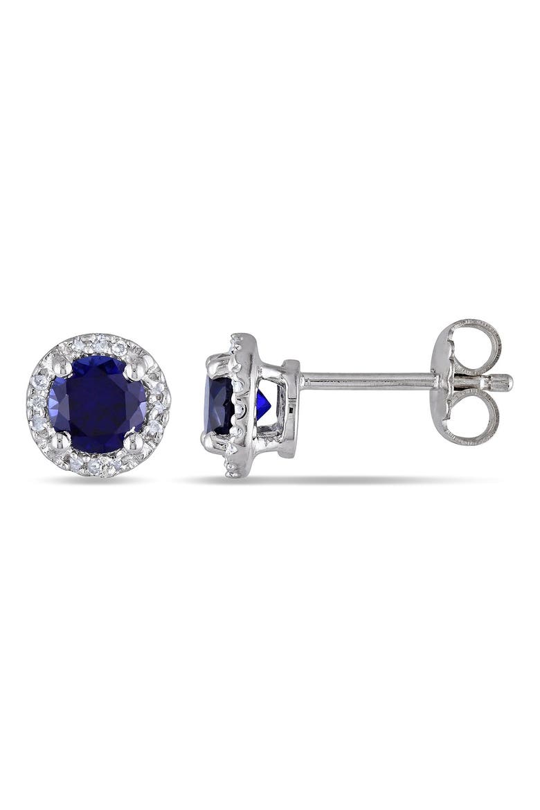 Sterling Silver Created Blue Sapphire & Diamond Round Stud Earrings, Alternate, color, blue