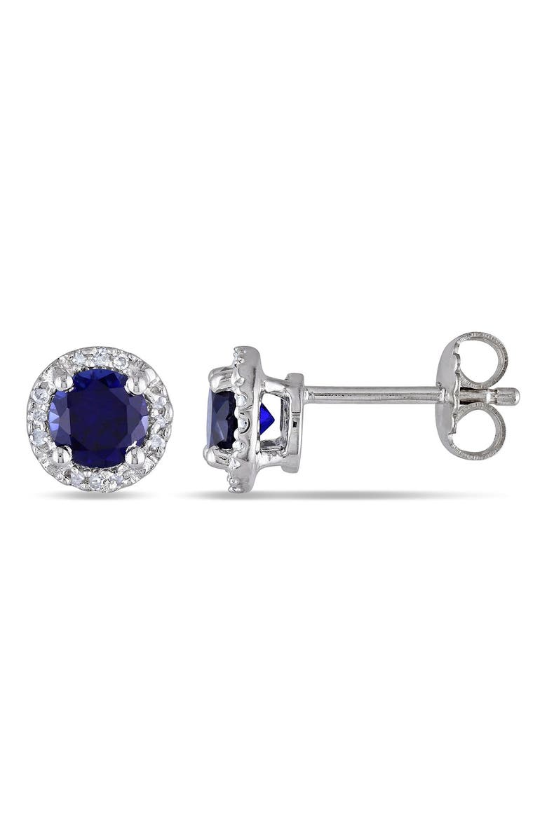 DELMAR Sterling Silver Created Blue Sapphire & Diamond Round Stud Earrings, Alternate, color, Blue