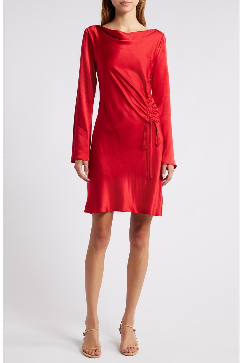 Alessandra Long Sleeve Ruched Satin Dress, Main, color, SCARLET
