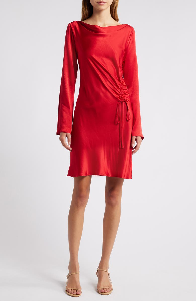 Rails Alessandra Long Sleeve Ruched Satin Dress, Main, color, Scarlet