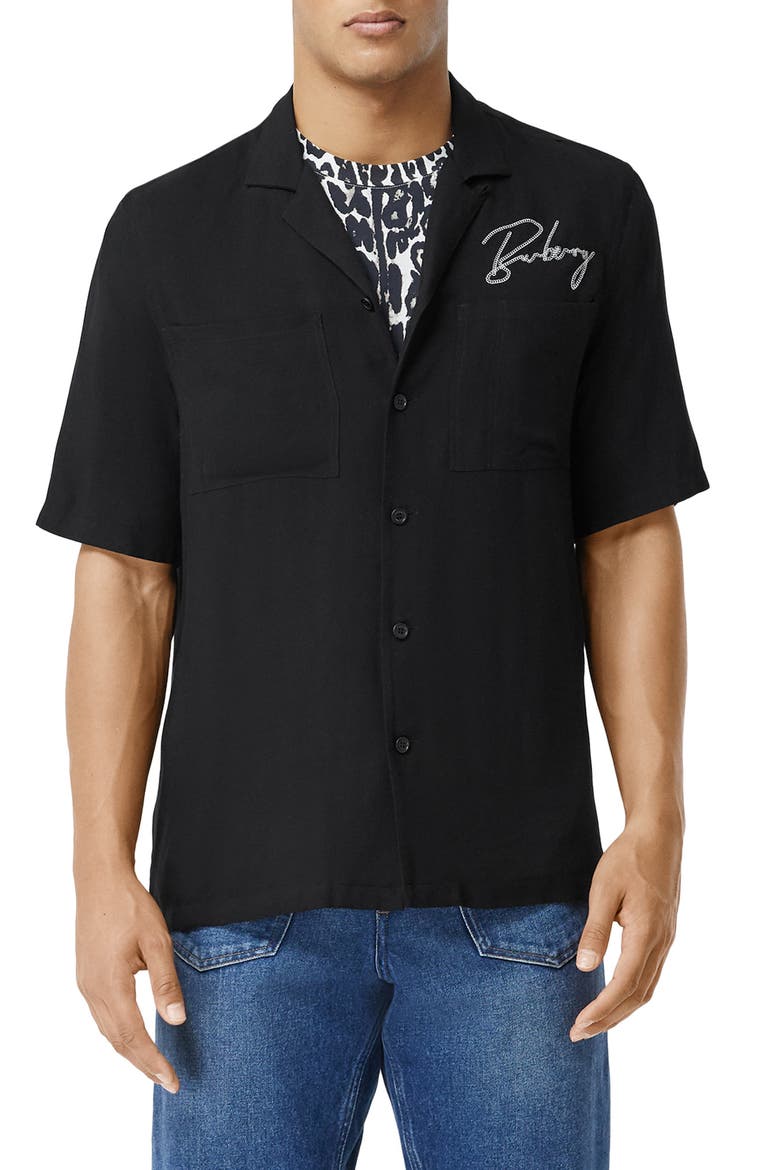 Randall Logo Embroidered Short Sleeve Button-Up Camp Shirt, Main, color, BLACK