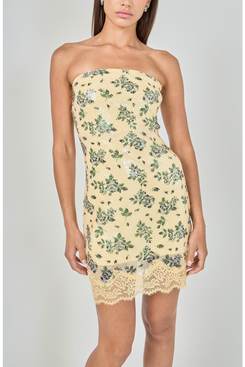 Floral Sequin Strapless Minidress, Alternate, color, LEMON MULTI