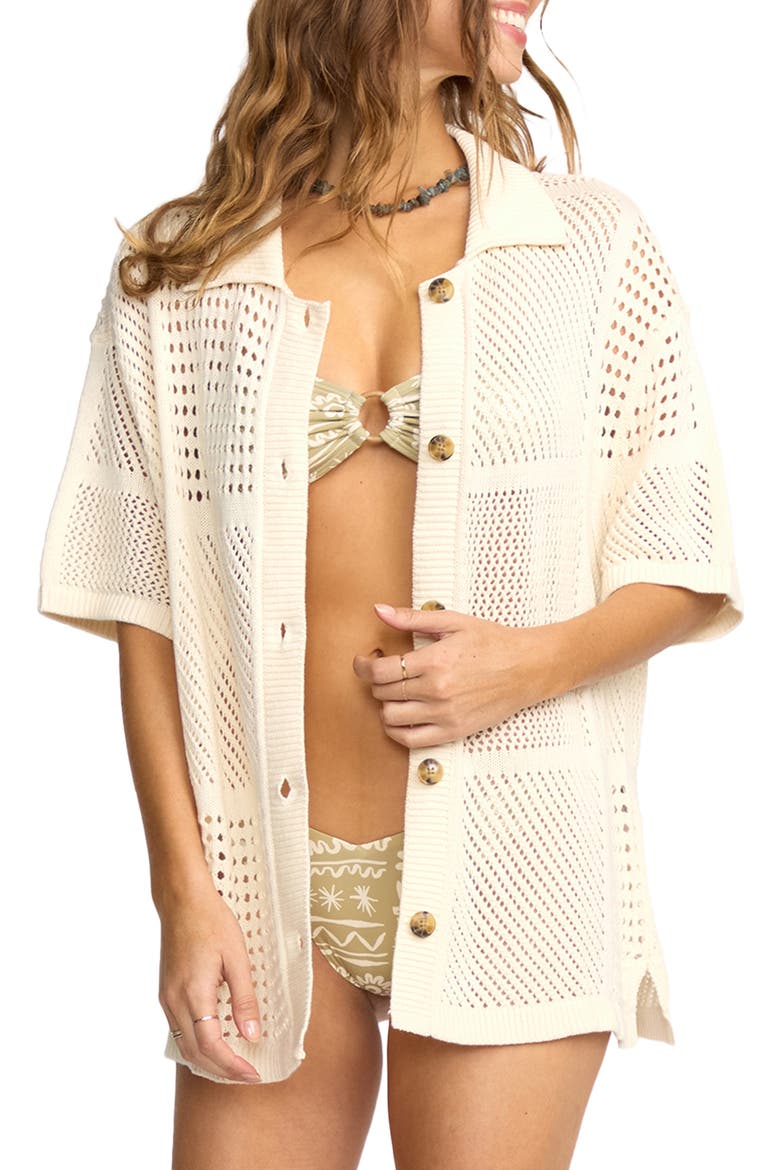 Cool Down Open Stitch Short Sleeve Cotton Cardigan, Main, color, WHITECAP