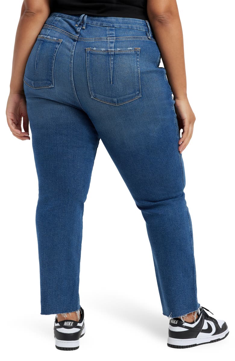 Good American Good Curve Distressed Raw Hem Straight Leg Jeans, Alternate, color,