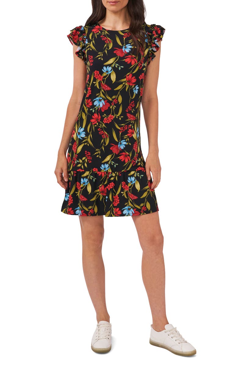 CeCe Garden Floral Flutter Sleeve Stretch Crepe Dress, Main, color, 