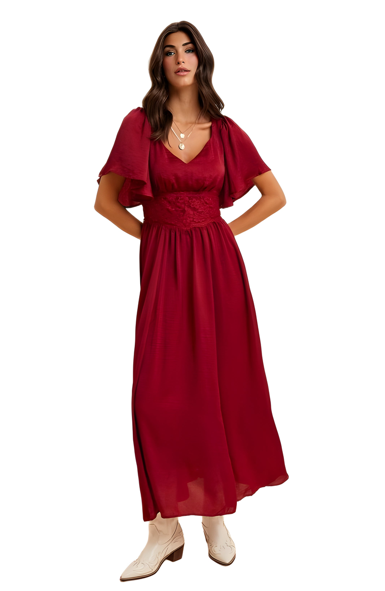 Knit and Lounge Lace Waist Flutter Sleeve Maxi Dress, Alternate, color, Burgundy