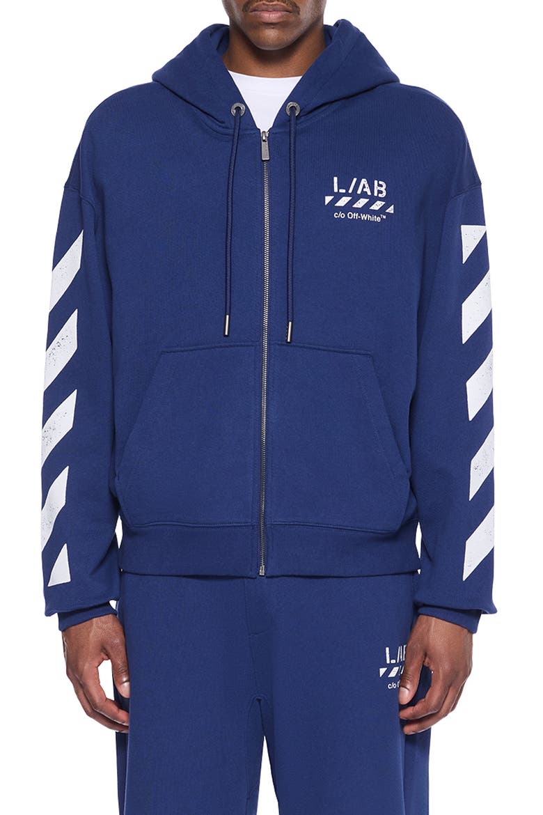 Diagonal Stripe Logo Cotton French Terry Zip Graphic Hoodie, Main, color, MARINE