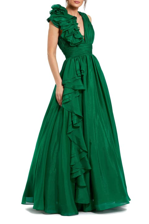 Petite Ruffle Shoulder V-Neck Chiffon Gown
