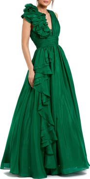 Mac Duggal Petite Ruffle Shoulder V-Neck Chiffon Gown