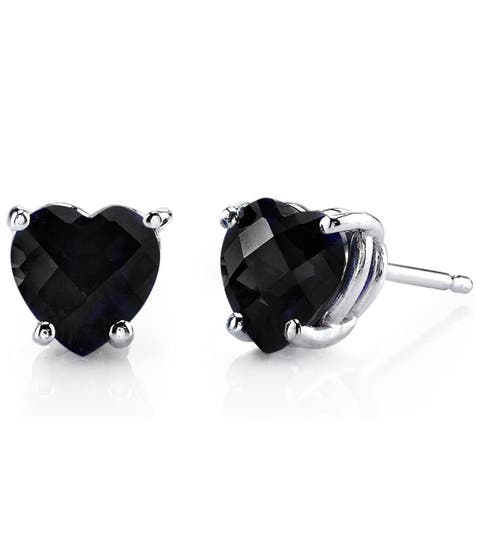 Solid Sterling Silver Created Gemstone Heart Stud Earrings