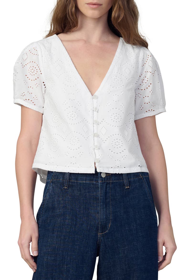 The Halle Puff Sleeve Eyelet Cotton Button-Up Shirt, Main, color, WHITE