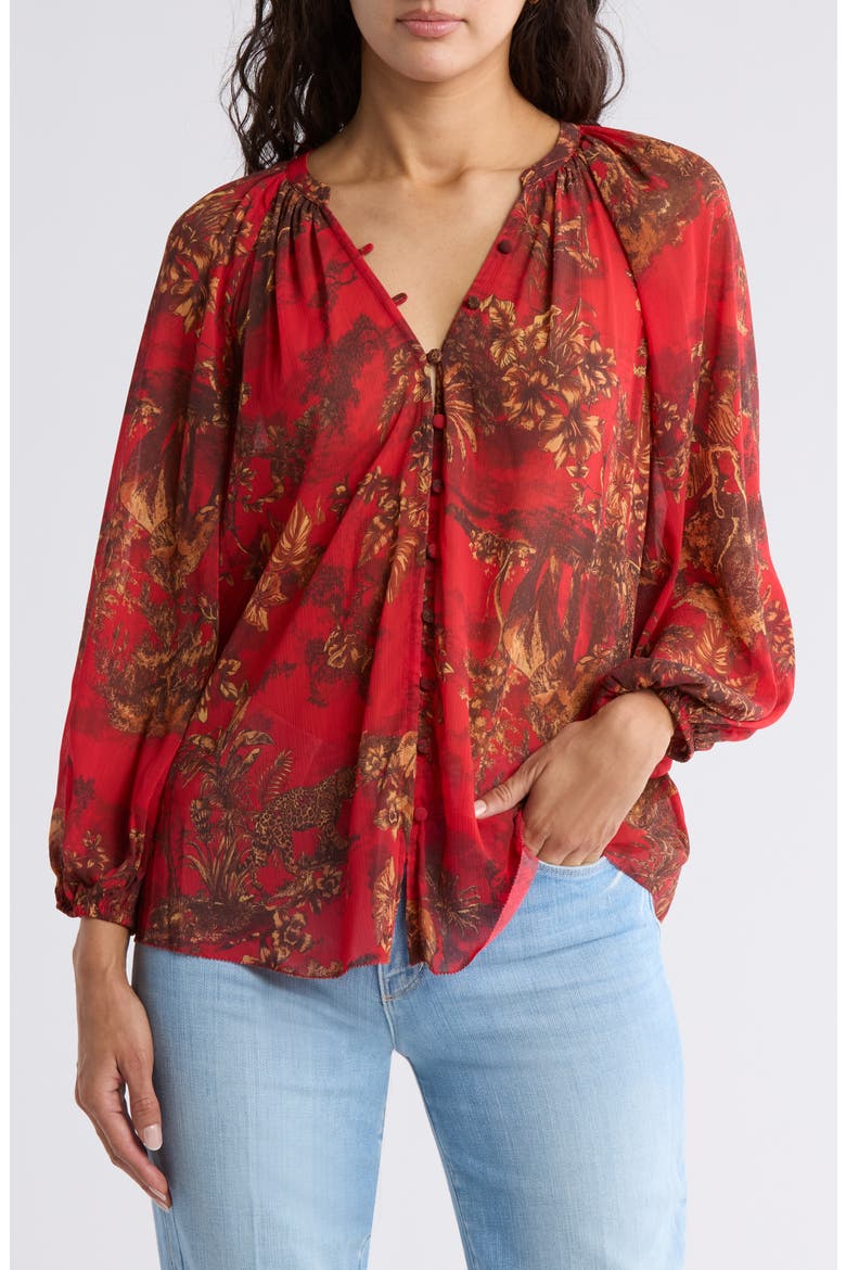 Teagan Balloon Sleeve Button-Up Top, Main, color, HIGH RISK RED JUNGLE TOILE