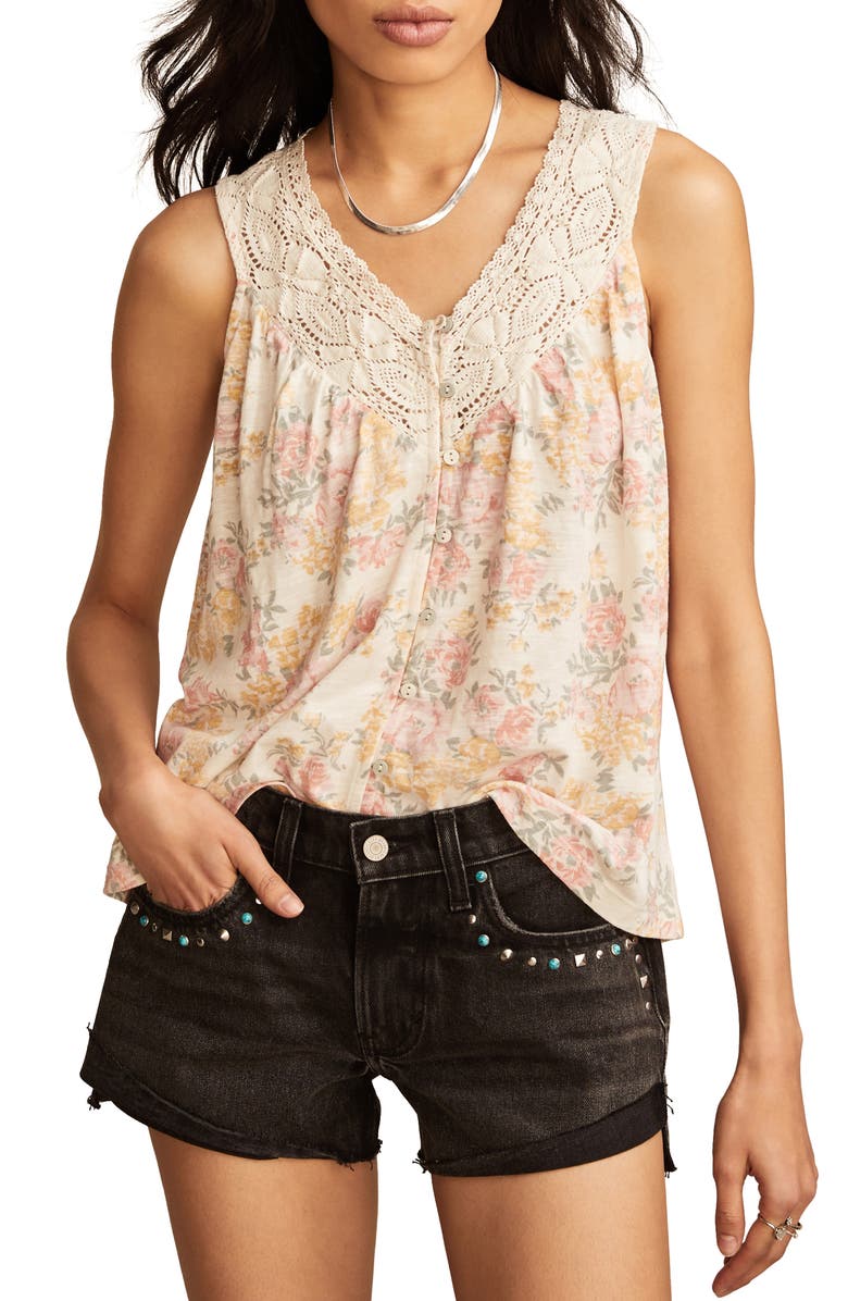 Lucky Brand Floral Lace Trim Sleeveless Top, Main, color, 