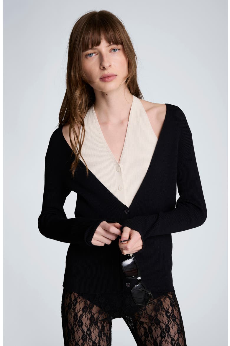Layered Look Halter Cardigan, Alternate, color, BLACK/ OYSTER