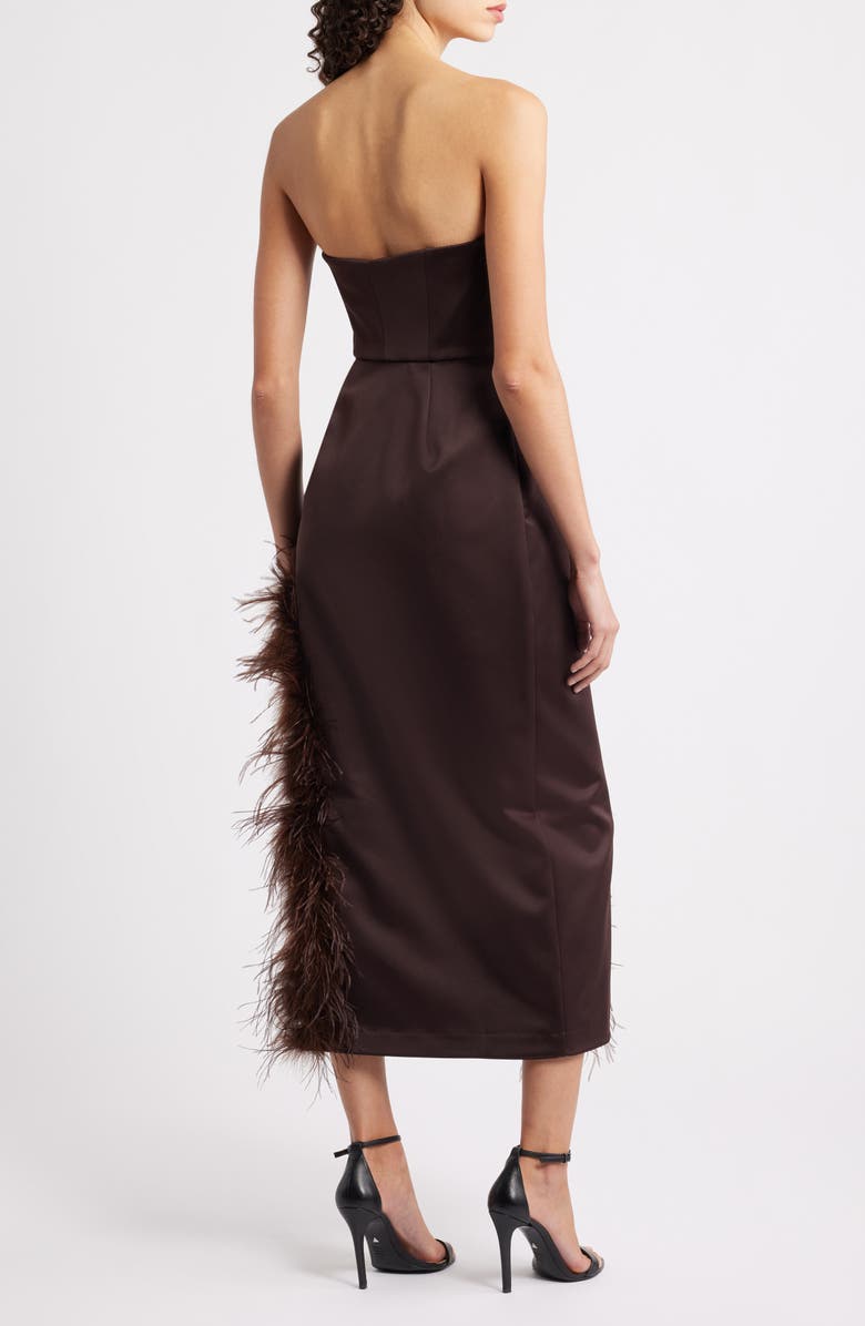 Delfi Collective Jocelyn Feather Detail Strapless Satin Cocktail Sheath Dress, Alternate, color, Chocolate