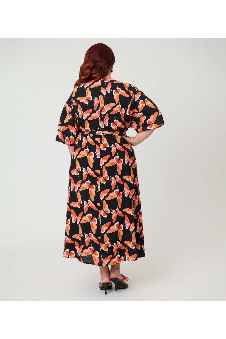 Plus Size 1970s Wrap Midi Dress, Alternate, color, Black w/ Red Butterfly Print
