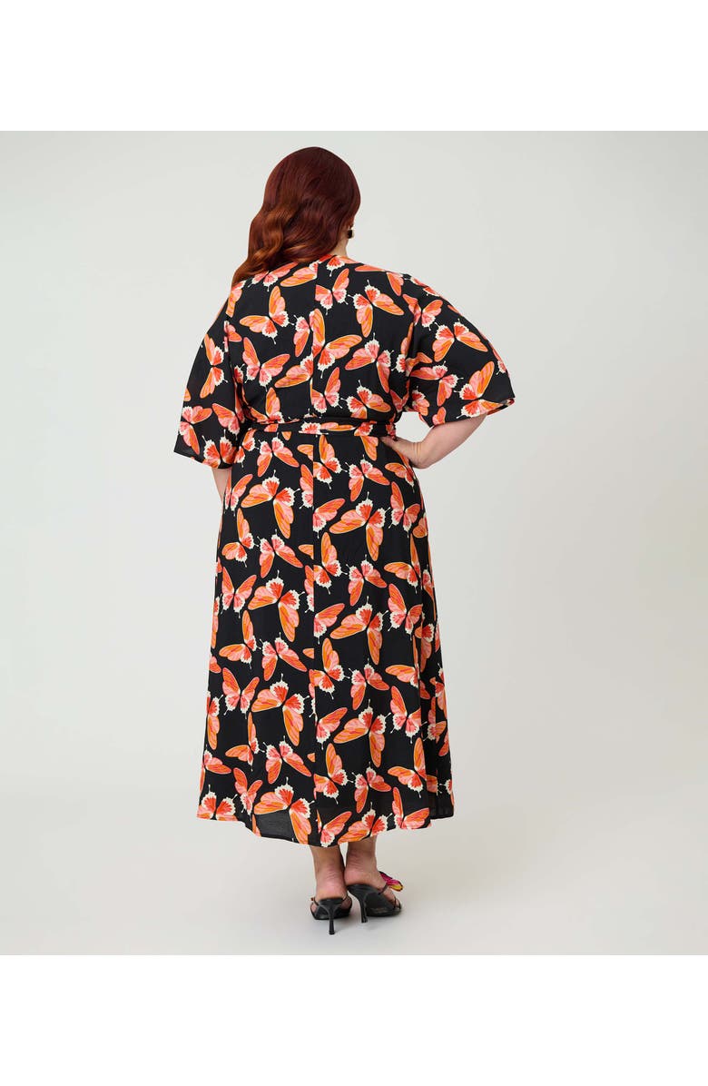 Unique Vintage Plus Size 1970s Wrap Midi Dress, Alternate, color, Black W/ Red Butterfly Print