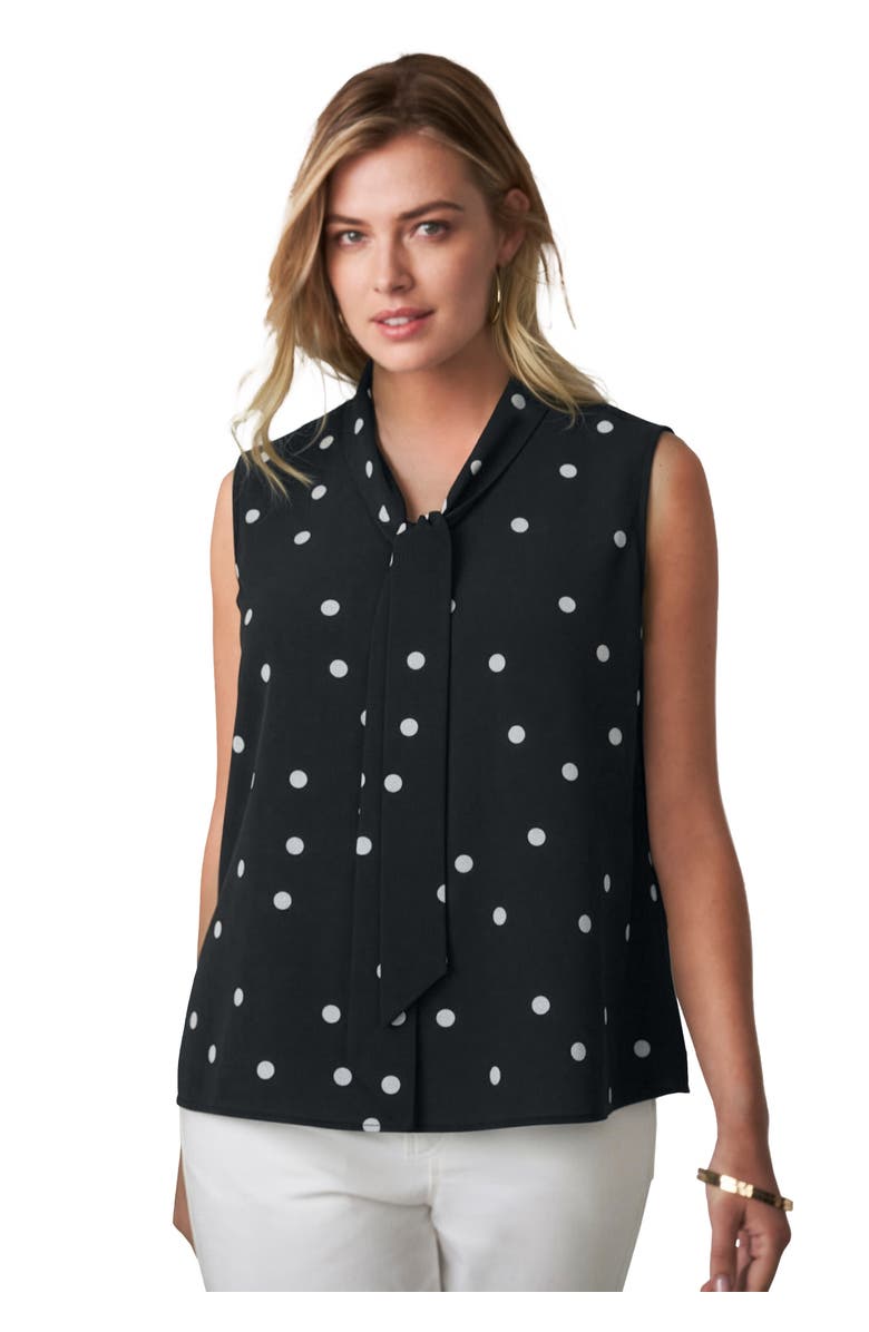 Jessica London Uptown Sleeveless Tie-Neck Blouse, Main, color, Black White Tossed Dot