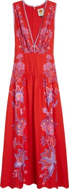 FARM Rio Porcelain Garden Floral Linen Maxi Dress