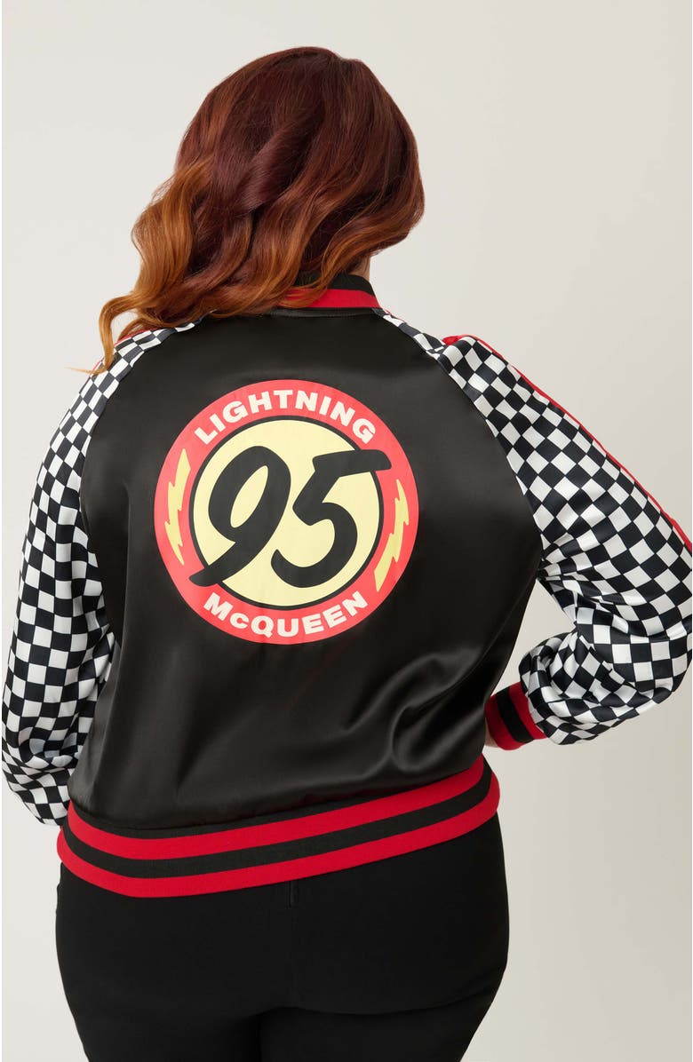 Unique Vintage Plus Size Satin Bomber Jacket, Alternate, color, Black Checkered