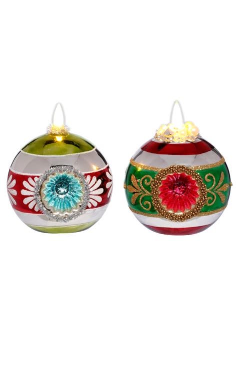 Glitter Floral Globe with LED Ornament, Set of 6