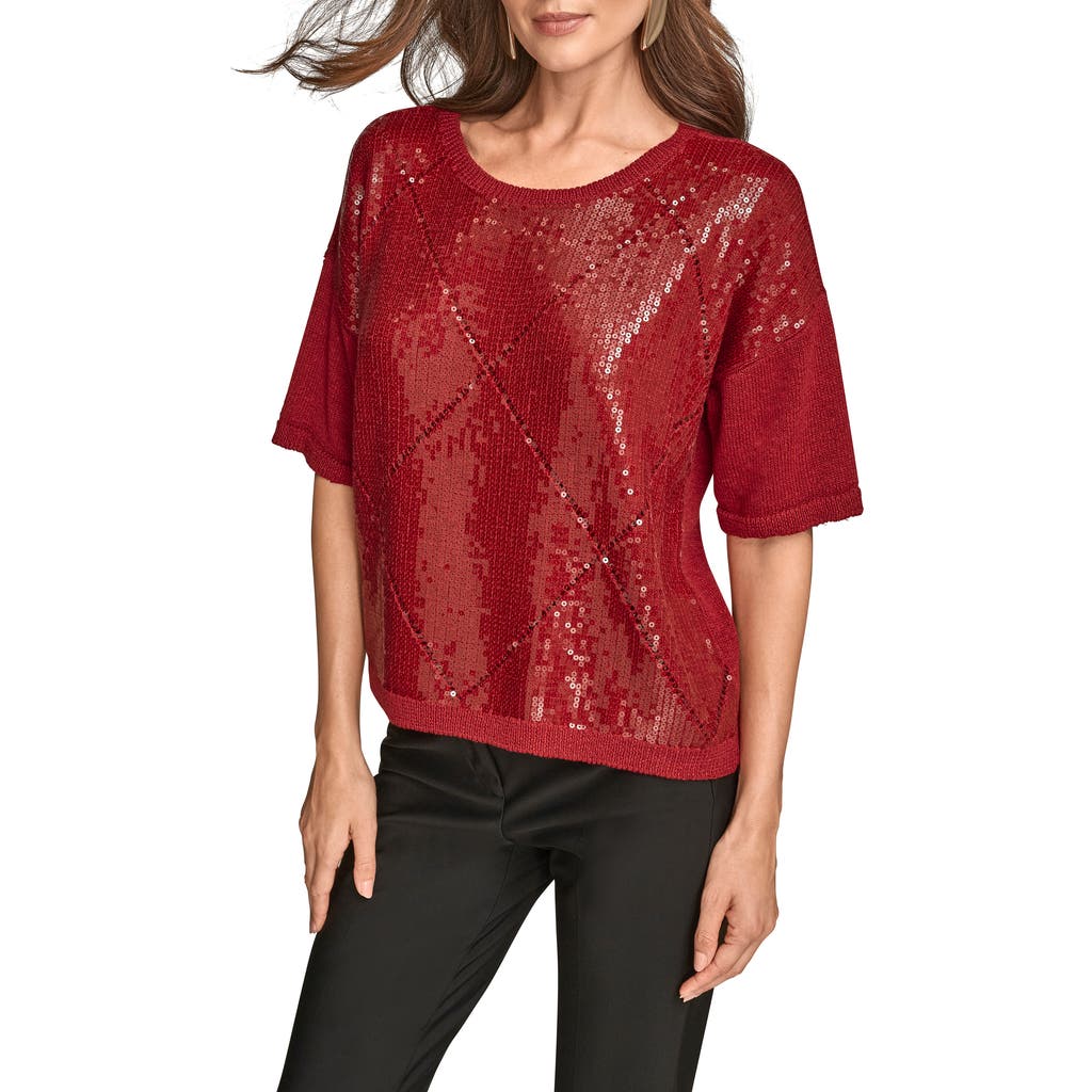 Donna Karan New York Short Sleeve Sequin Sweater In Animal Print