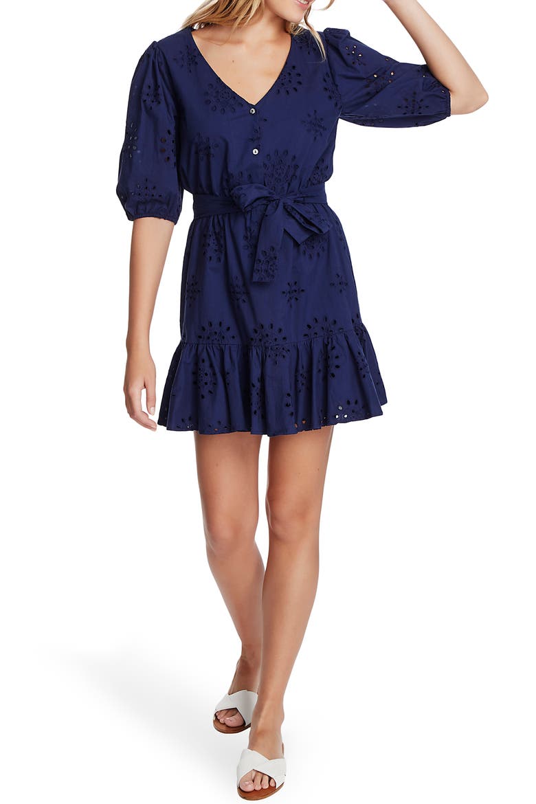 Eyelet Minidress, Main, color, NAVY SKY
