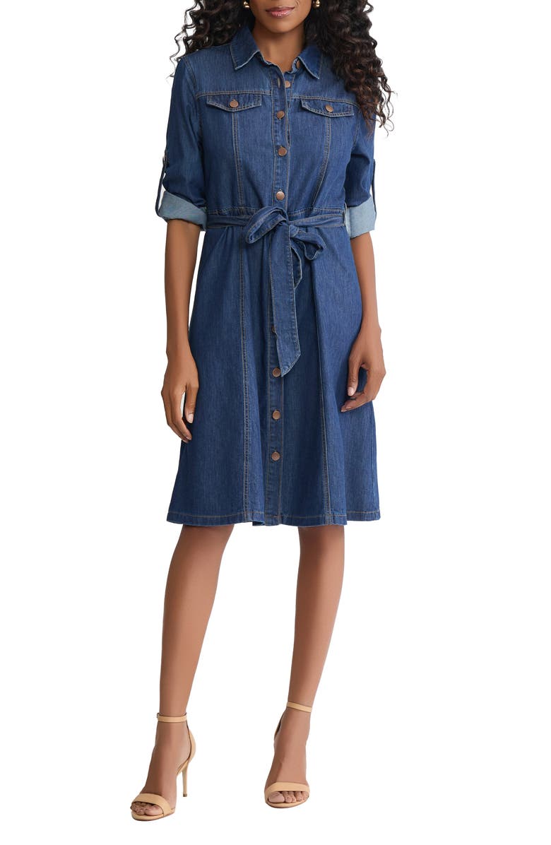 Jones New York Tie Waist Denim Midi Shirtdress, Main, color, 