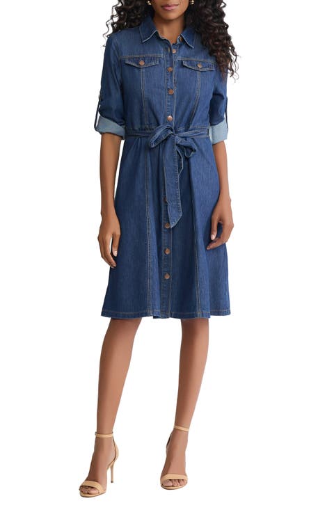 Jones New York Tie Waist Denim Midi Shirtdress