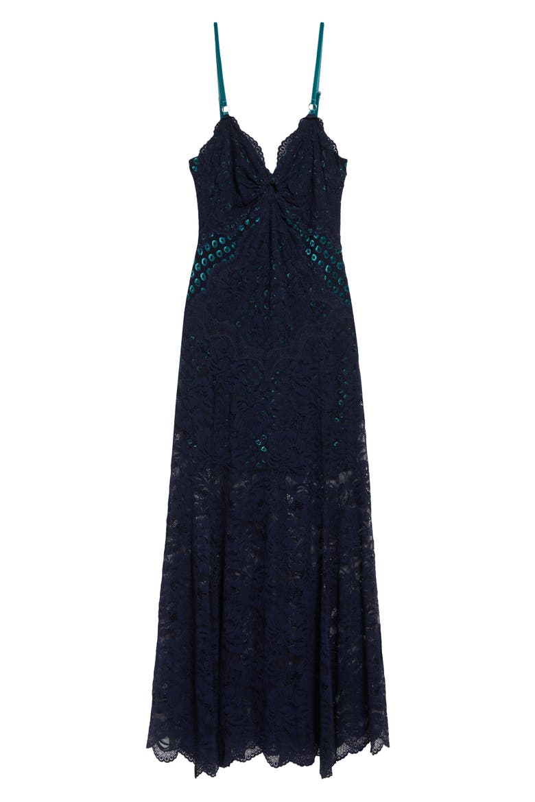 Embroidered Stretch Lace Trumpet Dress, Main, color, DEEP NAVY