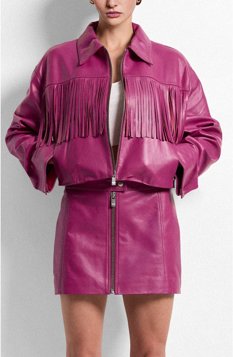 AS by DF Jeremiah Upcycled Leather Fringe Jacket, Main, color, Rose