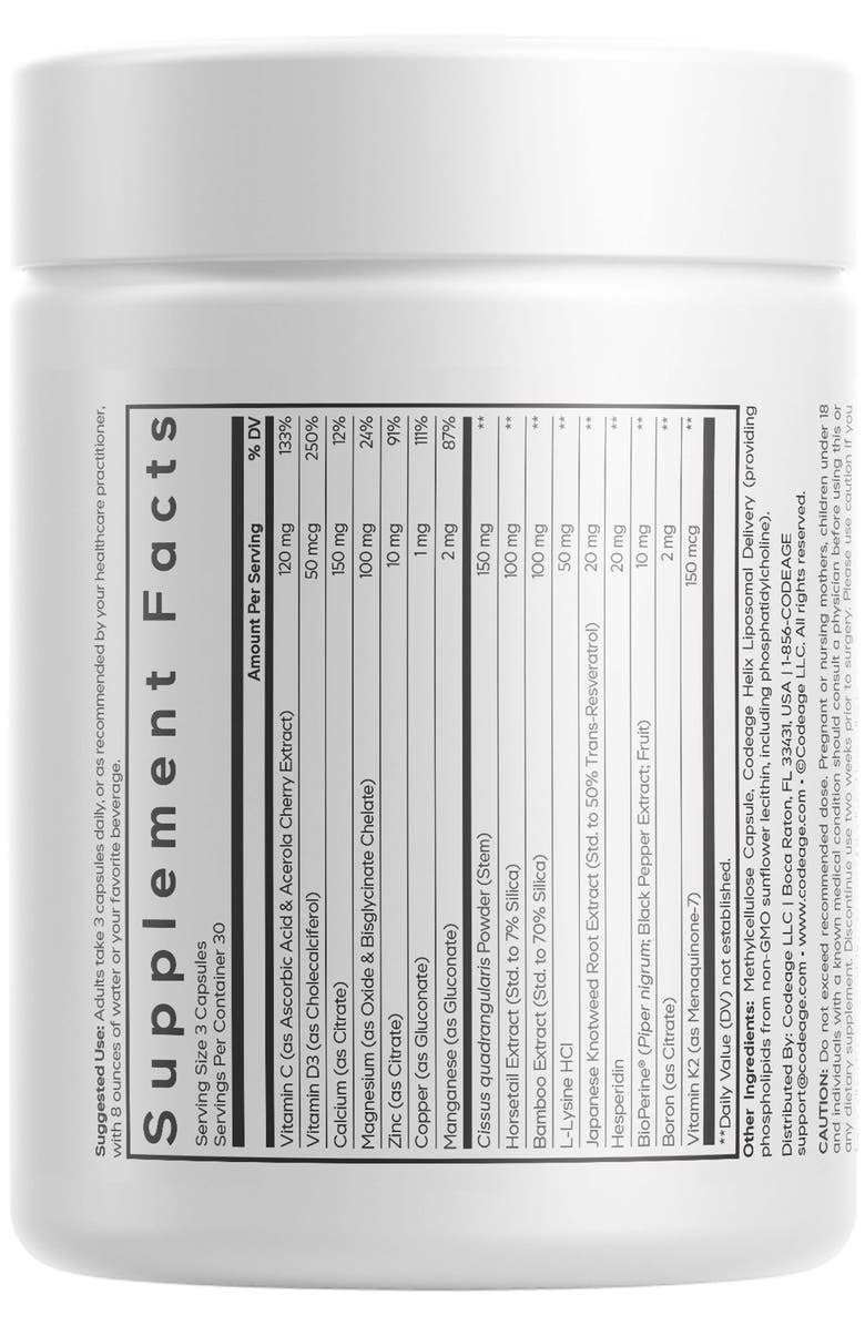 Codeage Bones Vitamins+ - Vitamin D3 & K2, Vitamin C, Calcium, Magnesium, Zinc, Hesperidin, L-Lysine, Manganese, Horsetail, Cissus, Boron, Trans-Resveratrol, Non-GMO Supplement, Alternate, color, White