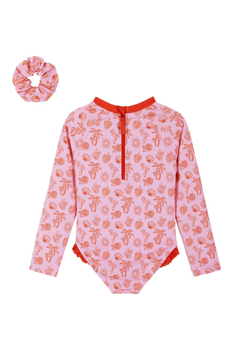 Kids' Long Sleeve One-Piece Rashguard Swimsuit & Scrunchie Set, Alternate, color, PINK BEACH