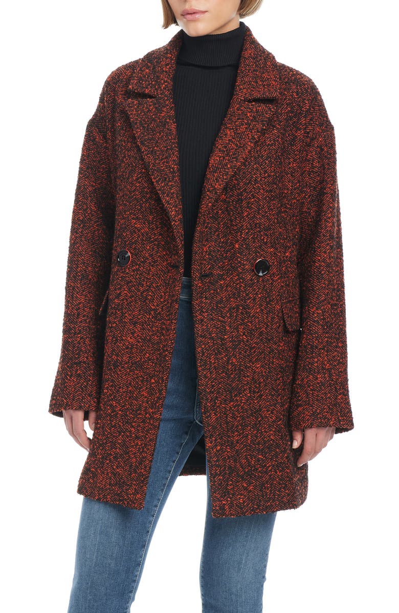 Sanctuary Double Breasted Herringbone Coat, Alternate, color, Red And Black Herringbone