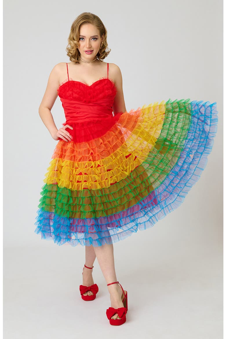 Tulle Sweetheart Cupcake Swing Dress, Alternate, color, Red Rainbow Stripe