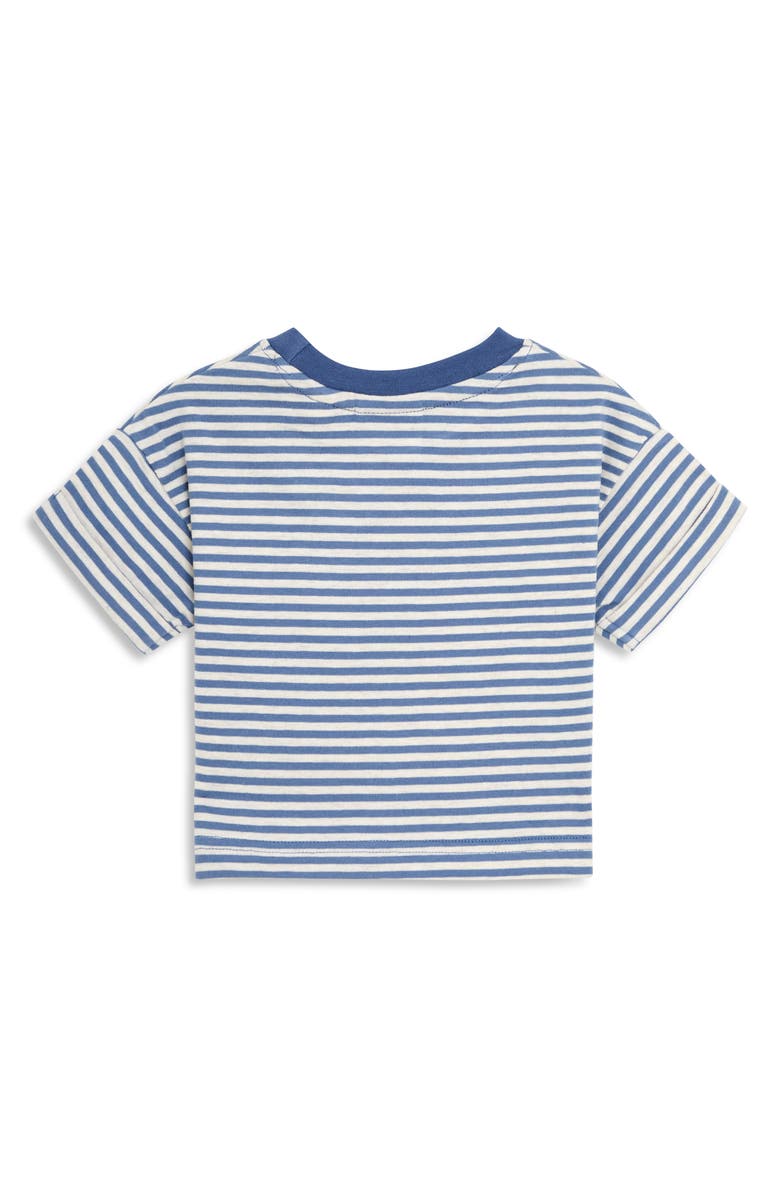 JOJO MAMAN BEBE Stripe Cotton T-Shirt & T-Rex Appliqué Overalls Set, Alternate, color, Brown