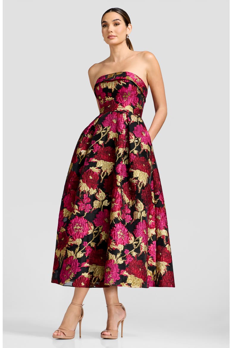 Mika Strapless Metallic Brocade Cocktail Dress, Alternate, color, FUCHSIA MULTI