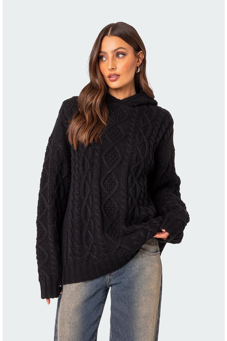 Oversize Cable Knit Hoodie, Alternate, color, BLACK