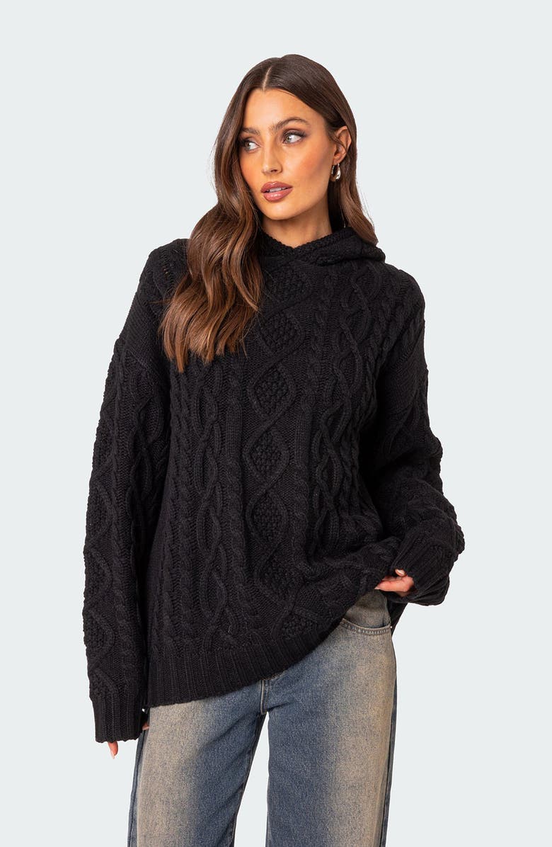 EDIKTED Oversize Cable Knit Hoodie, Alternate, color, Black