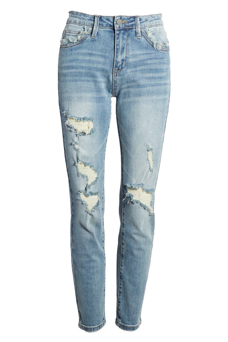 High Waist Ripped Ankle Skinny Jeans, Alternate, color, DENIM
