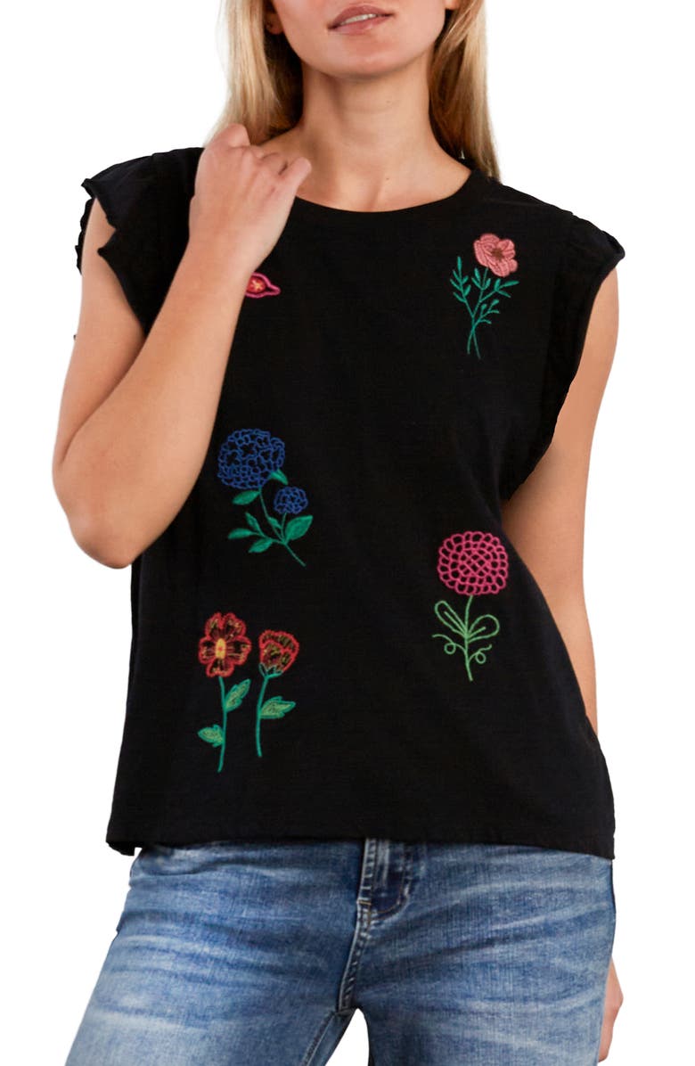 Billy T Aurora Petal Embroidered Sleeveless T-Shirt, Alternate, color, Black Beauty