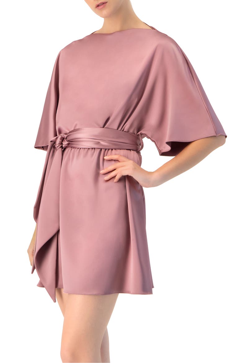 Short Satin Dress with Waist Tie, Alternate, color, Dark Pink