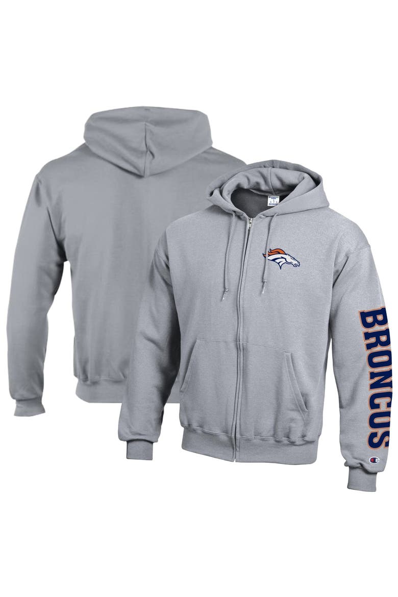 Men's Champion  Heather Gray Denver Broncos Powerblend Fleece Full-Zip Hoodie, Main, color, Heather Gray