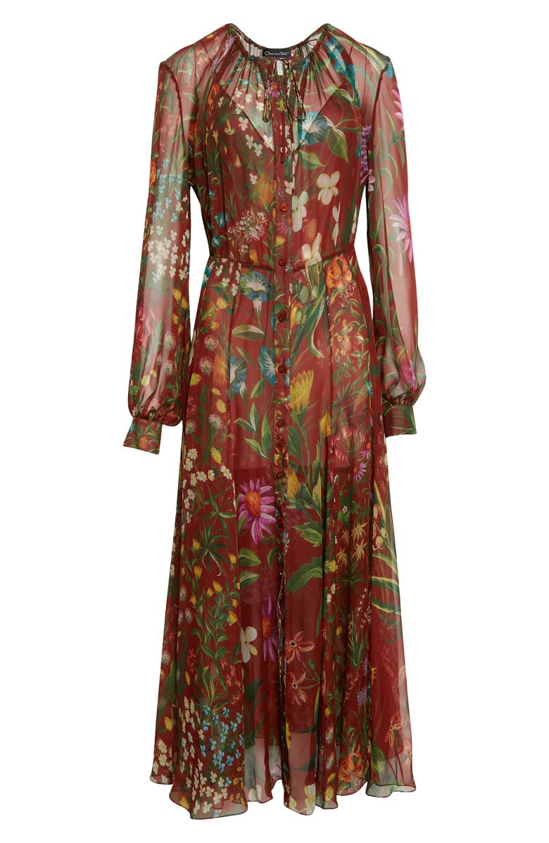 Oscar de la Renta Floral Tapestry Long Sleeve Silk Chiffon Dress, Alternate, color,