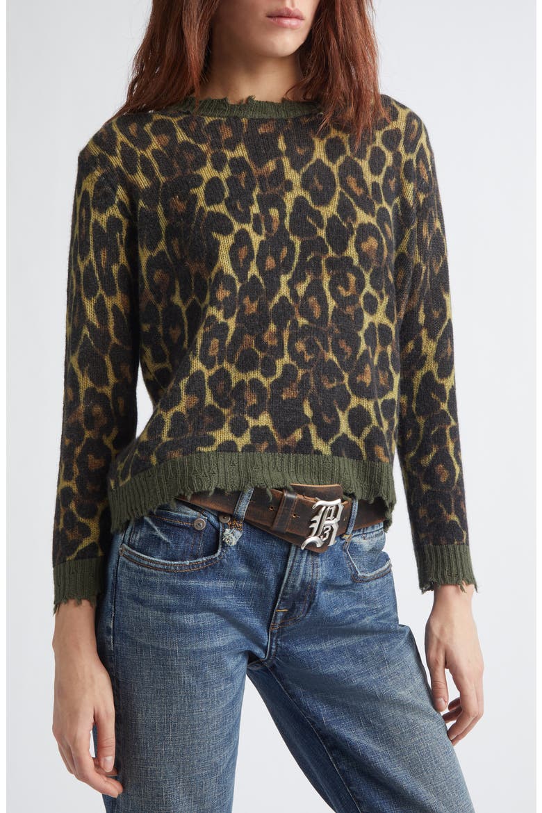 Relaxed Fit Distressed Leopard Print Cashmere Crewneck Sweater, Alternate, color, BROWN LEOPARD