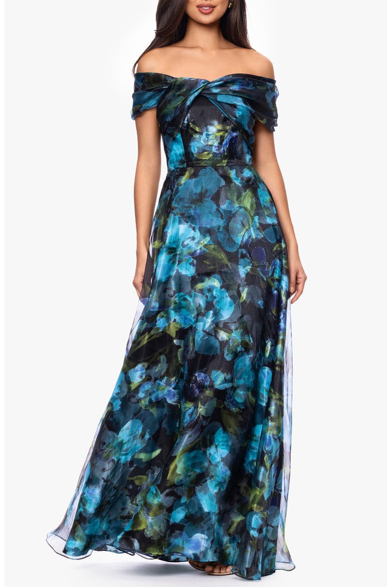 Floral Print Organza Off the Shoulder Gown, Main, color, BLACK/ TEAL