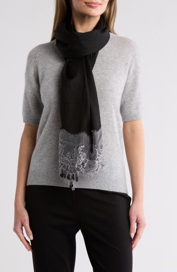 Shop La Fiorentina Wool Silk Blend Lace Scarf In Black/grey