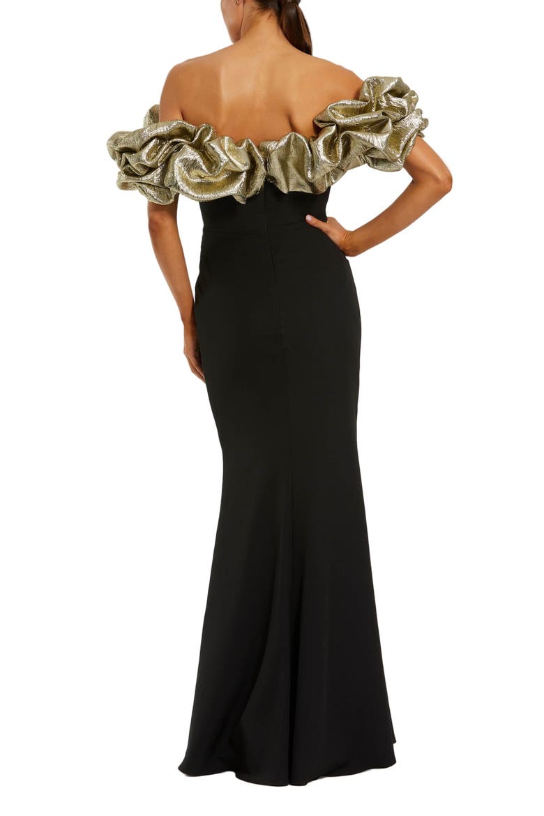 Crepe Mermaid Gown With Off The Shoulder Ruffle, Alternate, color, Black Gold